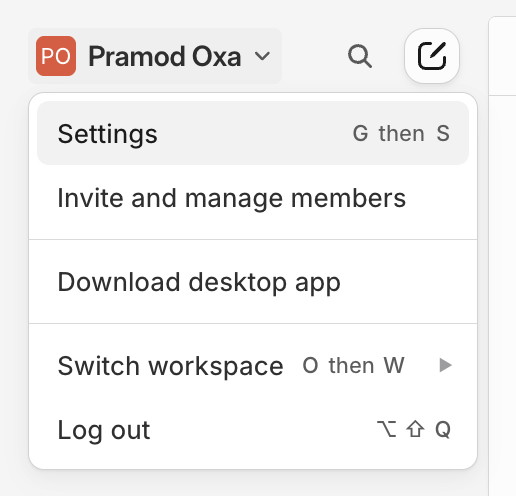 Linear workspace settings menu