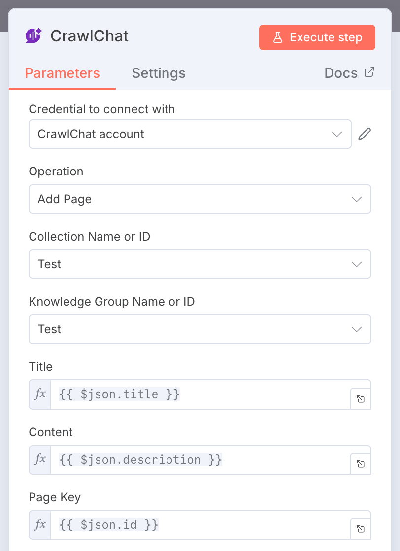 CrawlChat n8n node for Add page