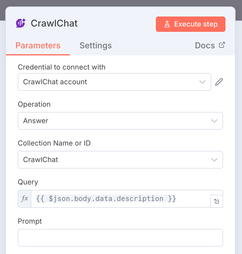 CrawlChat n8n node for Answer